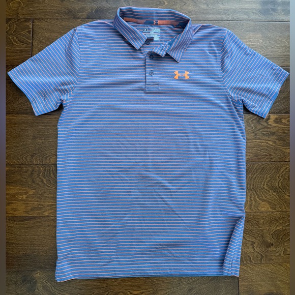 Under Armour Boys HeatGear Loose Fit Polo Shirt S/S YXL Heather Navy/Orange - Picture 2 of 7